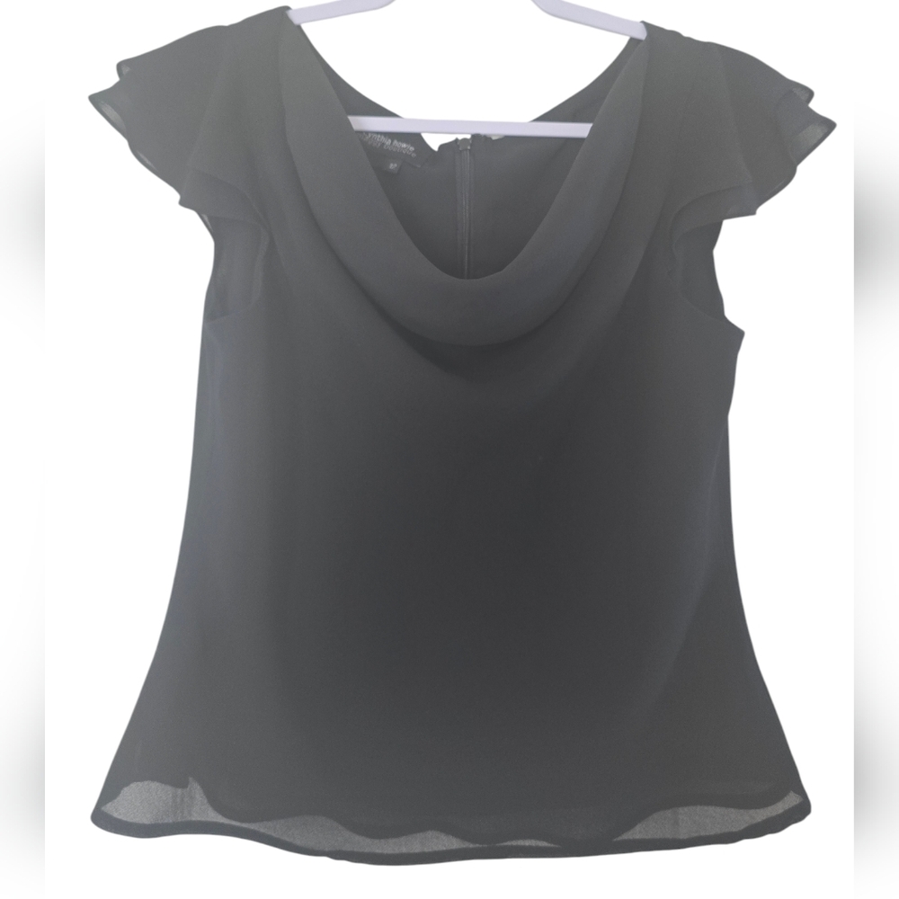 Cynthia Howie black blouse, size 12, 100% polyester.